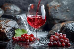 Red Wine Pour with Fresh Grapes by a Tranquil Stream for Calm and Relaxation photo