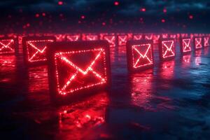 Digital Communication Concept Glowing Red Email Icons in Futuristic Landscape for Tech and Networking Design photo