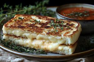 Gourmet Grilled Cheese Sandwich with Tomato Soup Garnished with Fresh Herbs photo