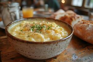 Creamy Macaroni and Cheese Dish with Fresh Herbs in Rustic Setting for Culinary Design photo