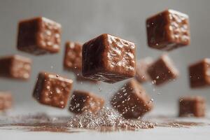 Chocolate Cubes Falling in Motion with Sugar Dust on a Gray Background photo