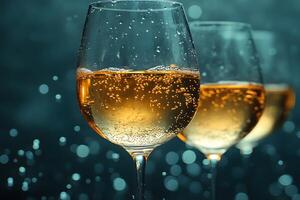 Elegant Display of Sparkling Wine Glasses Against a Soft Blue Bokeh Background photo