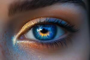 Vibrant Eye Makeup Featuring Glitter and Colorful Reflections for Creative Beauty Concepts photo