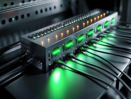 Network switch with glowing indicators in a dark data center photo