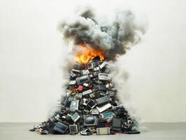 Piles of electronic waste burning in an urban setting photo