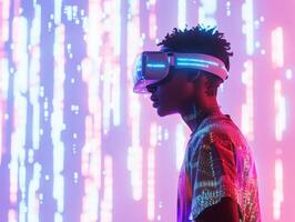 Young person explores virtual reality in a colorful setting photo
