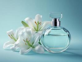 Elegant floral fragrance with white lilies on a light background photo