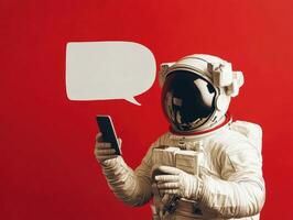 Astronaut using smartphone with red background during space mission photo