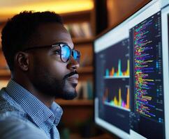 Focused programmer analyzing data on large computer screen photo