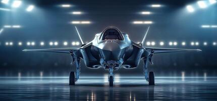 Advanced fighter jet displayed in a modern hangar setting photo