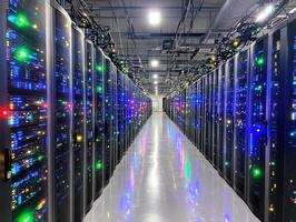 Modern data center with illuminated server racks and clean design photo