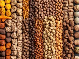 Varied textures and colors of pet food displayed in organized rows photo