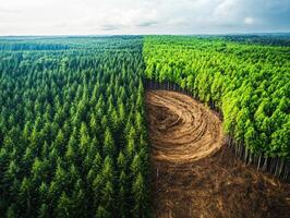 Forest transition showing contrasting tree types and land use photo