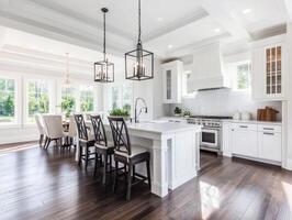 Modern kitchen with large windows and elegant furnishings photo