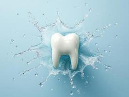 Tooth surrounded by splashes of water on a soft blue background photo