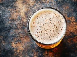 Craft beer served in glass with frothy head on rustic background photo