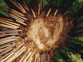 Forest clearing shows round logging layout with cut trees photo