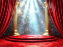 Golden pillars and red curtains create a dramatic stage setting photo