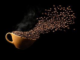 Coffee beans spill from a cup creating an artistic display photo