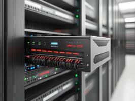 Data center equipment with illuminated servers during daytime photo