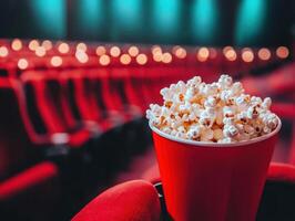 Popcorn sits in a red container in a movie theater ready for viewing photo