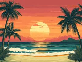 Sunset view over ocean with palm trees and colorful sky photo