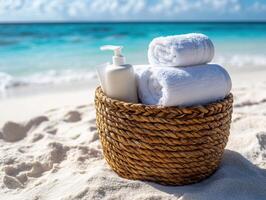 Spa essentials arranged in a wicker basket on the beach photo