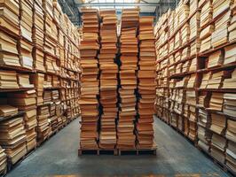 Warehouse filled with stacked paper documents in organized rows photo