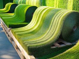 Artificial grass rolls displayed on pallets in bright sunlight photo