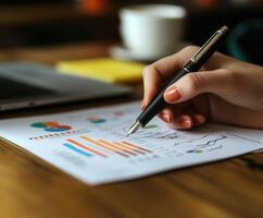 Analyzing business reports with charts and graphs at the table photo