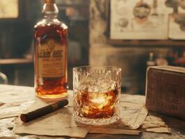 Whiskey glass and cigar on a rustic bar table with warm ambiance photo