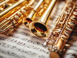 Musical instruments on a sheet of music during a practice session photo
