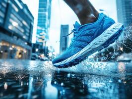Running through puddles in the city during a rainy day photo