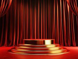 Stage with red curtains and golden platform for performances photo
