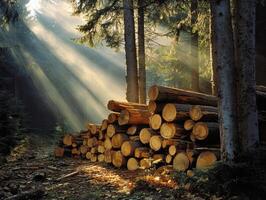 Sunlight filters through trees onto stacked logs in the forest photo