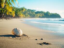 Shell on a sandy beach with gentle waves in the background photo