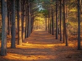Sunlit forest pathway lined with tall trees in golden hour glow photo