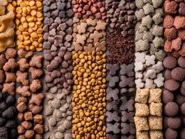 Variety of pet food shapes and colors displayed on a flat surface photo
