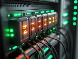 Data server panel with illuminated status lights and cables photo