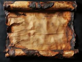 Ancient scroll with burned edges rests on black background photo