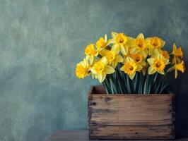 Bright yellow daffodils in a rustic wooden planter on a shelf photo
