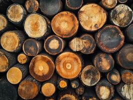 Wood logs stacked neatly creating a textured pattern photo