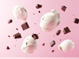 Chocolate chip ice cream scoops with chocolate bits photo