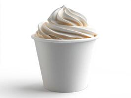 Delicious soft serve ice cream in a paper cup on a white background photo