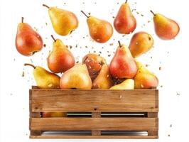 Fresh pears falling from a wooden crate in a vibrant display photo