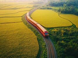 Train travels through lush rice fields at sunrise photo