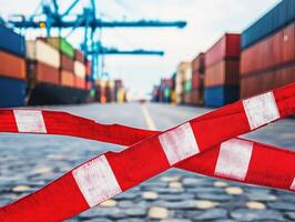 Traffic barriers block access to busy shipping port with containers photo