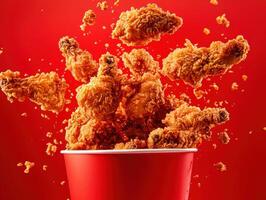Fried chicken soaring from a red container against a vibrant backdrop photo