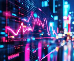 Colorful financial data visualizations in an urban setting at night photo