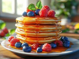 Stack of pancakes topped with fresh berries and syrup photo
